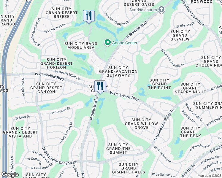 map of restaurants, bars, coffee shops, grocery stores, and more near 15883 West Sunstone Lane in Surprise