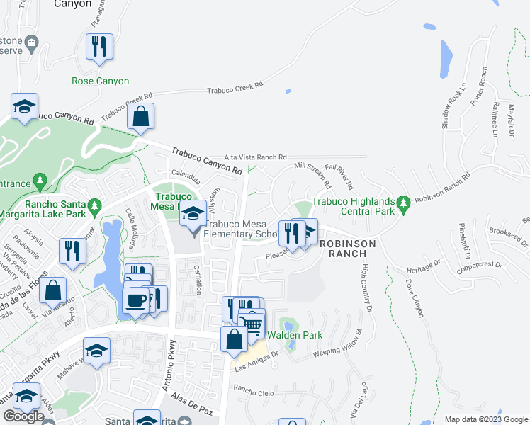 map of restaurants, bars, coffee shops, grocery stores, and more near 31892 Wagon Wheel Lane in Trabuco Canyon