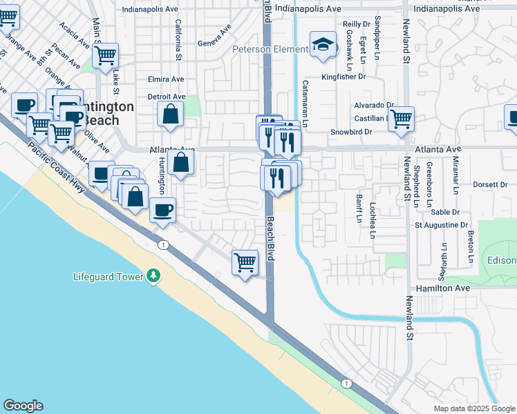 map of restaurants, bars, coffee shops, grocery stores, and more near in Huntington Beach