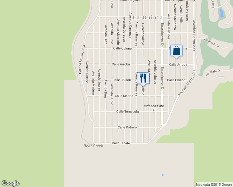 map of restaurants, bars, coffee shops, grocery stores, and more near 54205 Avenida Alvarado in La Quinta