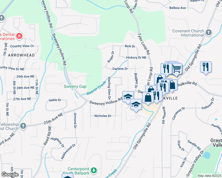 map of restaurants, bars, coffee shops, grocery stores, and more near 5199 Sterling Glen Drive in Pinson