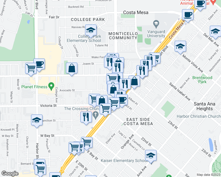 map of restaurants, bars, coffee shops, grocery stores, and more near 211 Saybrook Court in Costa Mesa