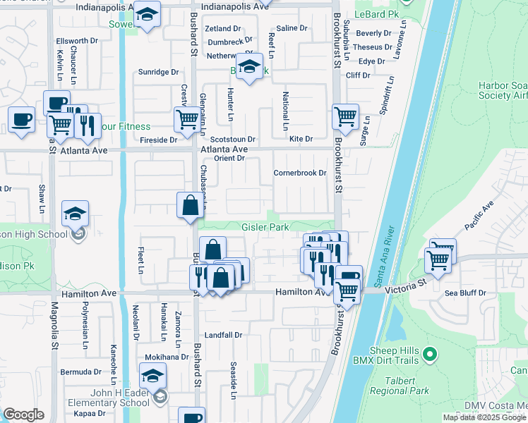 map of restaurants, bars, coffee shops, grocery stores, and more near 21212 Altair Lane in Huntington Beach