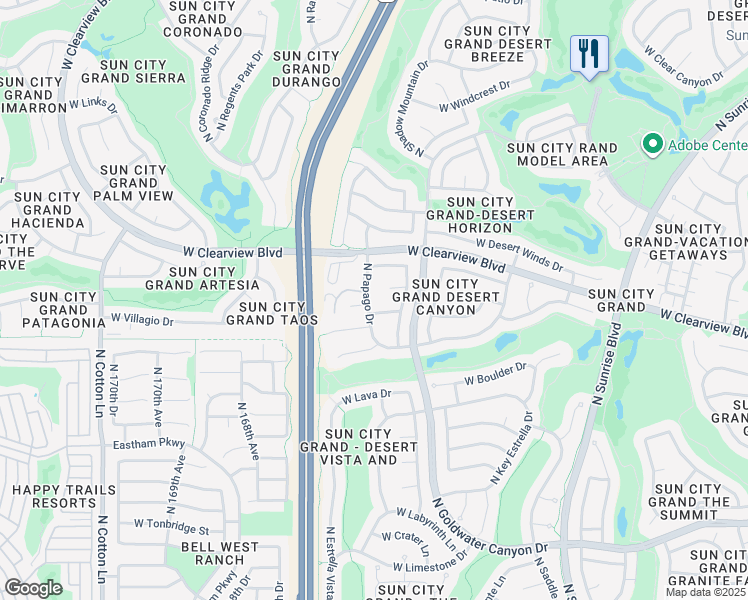 map of restaurants, bars, coffee shops, grocery stores, and more near 16445 West Desert Stone Lane in Surprise