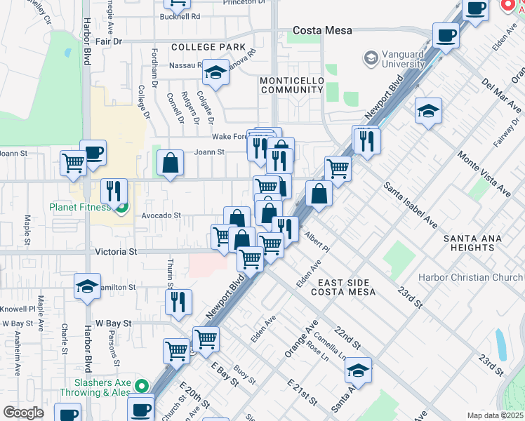 map of restaurants, bars, coffee shops, grocery stores, and more near 211 Saybrook Court in Costa Mesa