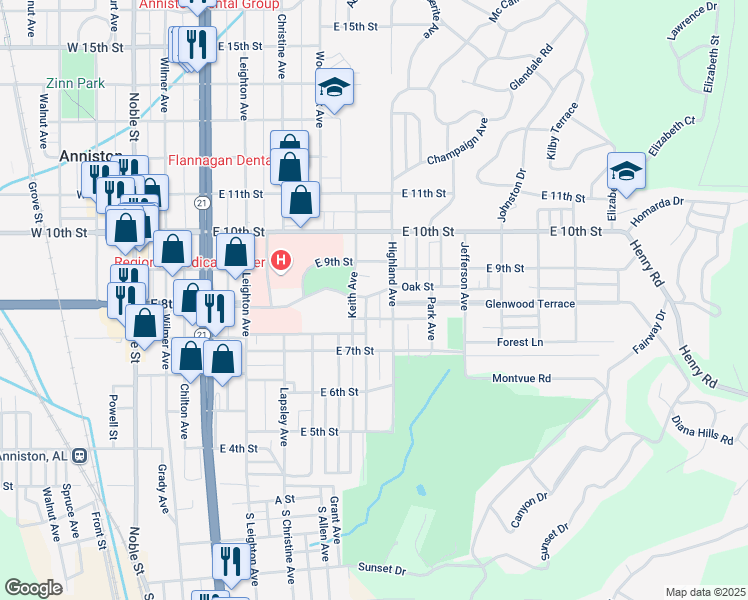 map of restaurants, bars, coffee shops, grocery stores, and more near 809 Keith Avenue in Anniston