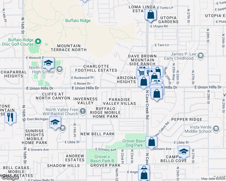 map of restaurants, bars, coffee shops, grocery stores, and more near 2221 East Union Hills Drive in Phoenix