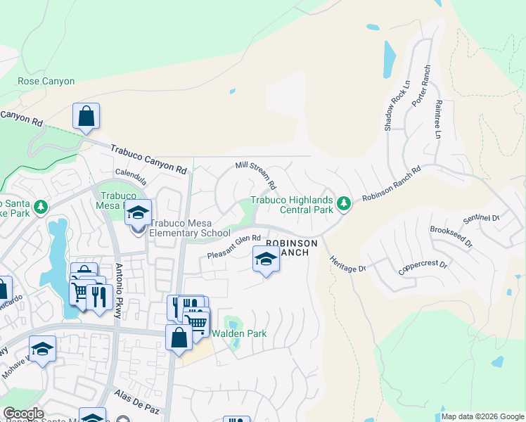 map of restaurants, bars, coffee shops, grocery stores, and more near 21185 Prairie View Lane in Trabuco Canyon