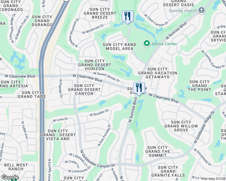map of restaurants, bars, coffee shops, grocery stores, and more near 16161 West Eagle Ridge Drive in Surprise