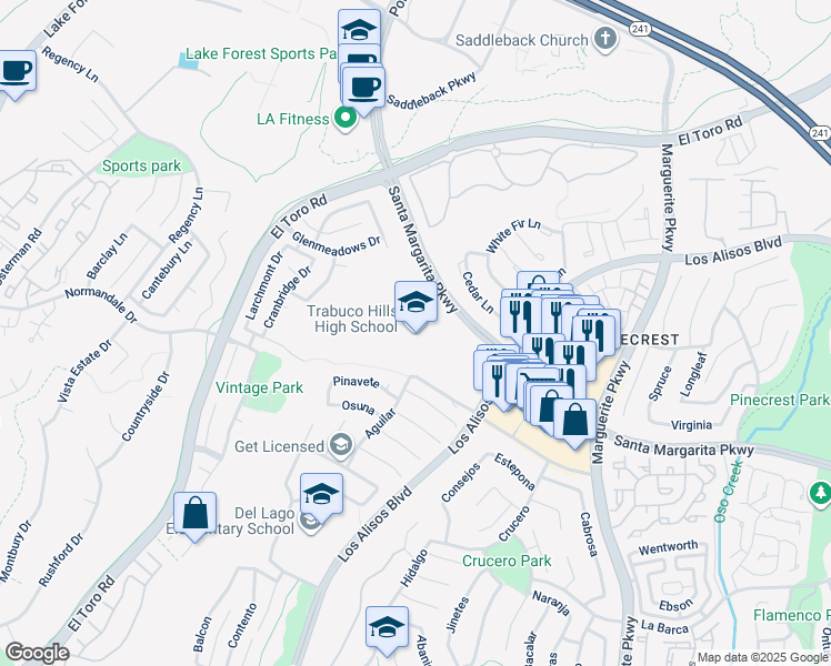 map of restaurants, bars, coffee shops, grocery stores, and more near 27501 Mustang Run in Mission Viejo