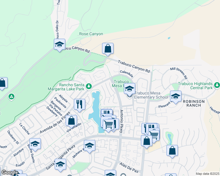 map of restaurants, bars, coffee shops, grocery stores, and more near 7 Calle Katrina in Rancho Santa Margarita