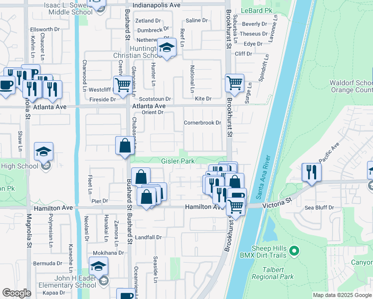 map of restaurants, bars, coffee shops, grocery stores, and more near 21212 Strathmoor Lane in Huntington Beach
