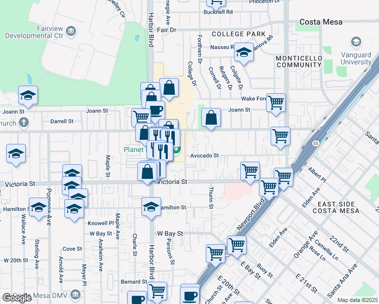 map of restaurants, bars, coffee shops, grocery stores, and more near 2208 College Avenue in Costa Mesa
