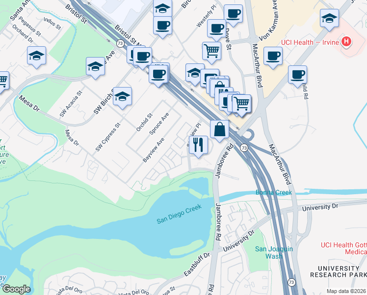 map of restaurants, bars, coffee shops, grocery stores, and more near 27 Baycrest Court in Newport Beach