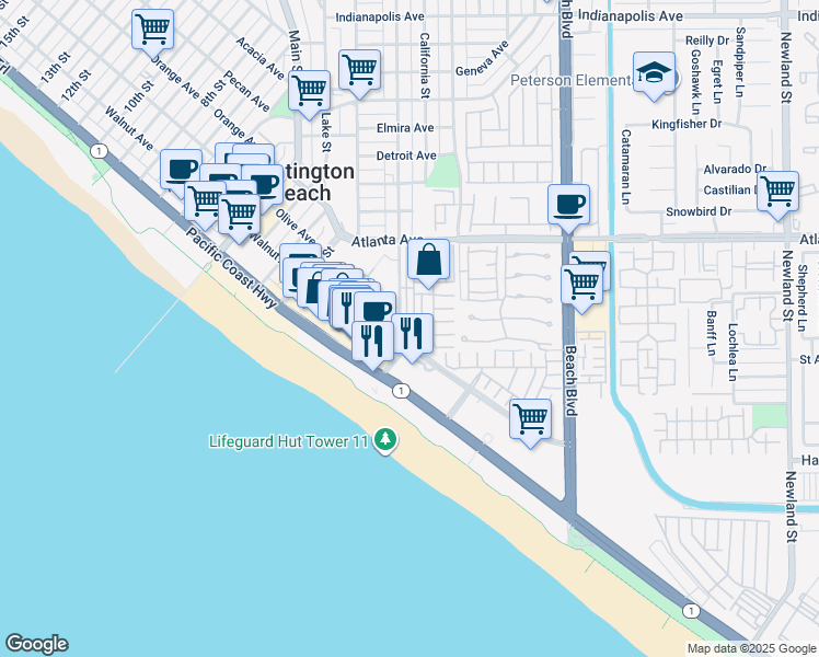 map of restaurants, bars, coffee shops, grocery stores, and more near 80 Huntington Street in Huntington Beach