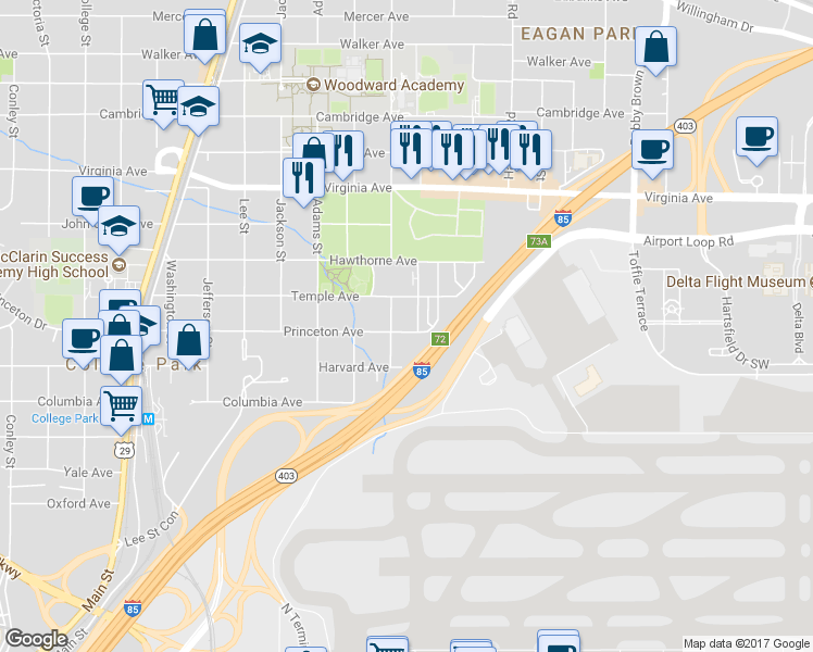 map of restaurants, bars, coffee shops, grocery stores, and more near 1527 Princeton Avenue in College Park