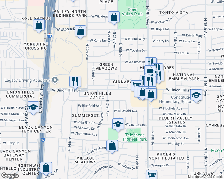 map of restaurants, bars, coffee shops, grocery stores, and more near 2039 West Union Hills Drive in Phoenix