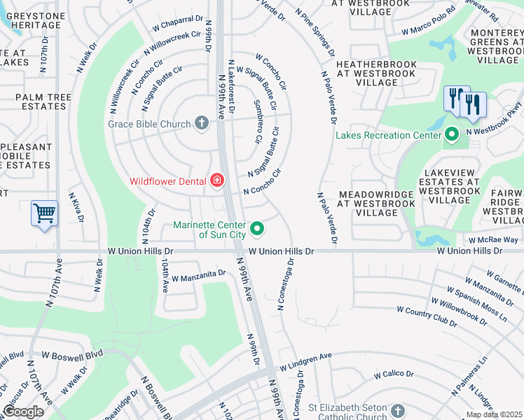 map of restaurants, bars, coffee shops, grocery stores, and more near 18806 Aztec Drive in Sun City