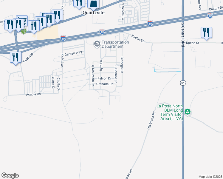 map of restaurants, bars, coffee shops, grocery stores, and more near Milner Lane in Quartzsite