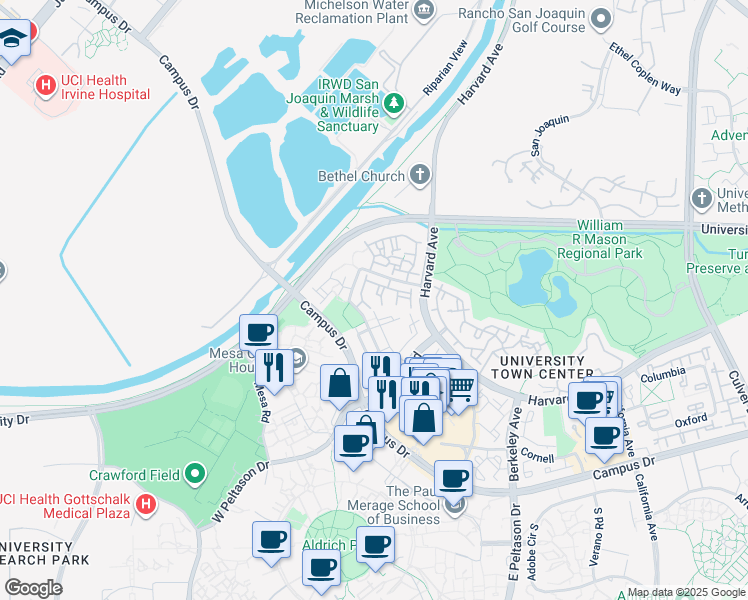 map of restaurants, bars, coffee shops, grocery stores, and more near 540 Stanford Court in Irvine