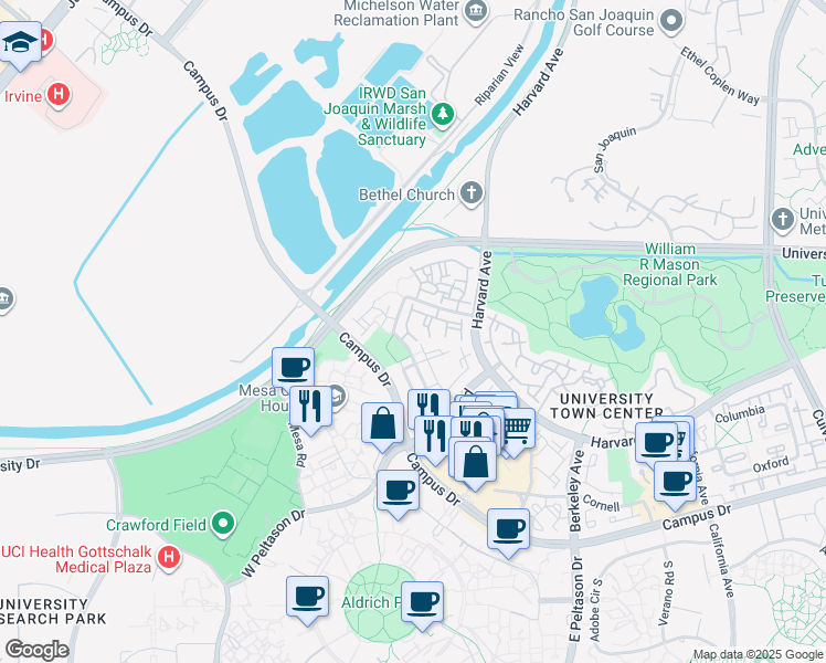 map of restaurants, bars, coffee shops, grocery stores, and more near 540 Stanford Court in Irvine