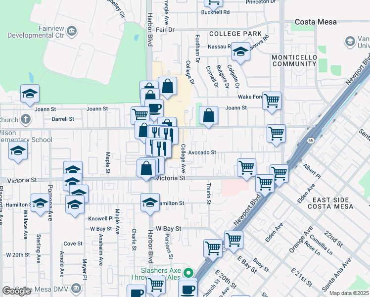 map of restaurants, bars, coffee shops, grocery stores, and more near 405 Bryson Springs in Costa Mesa