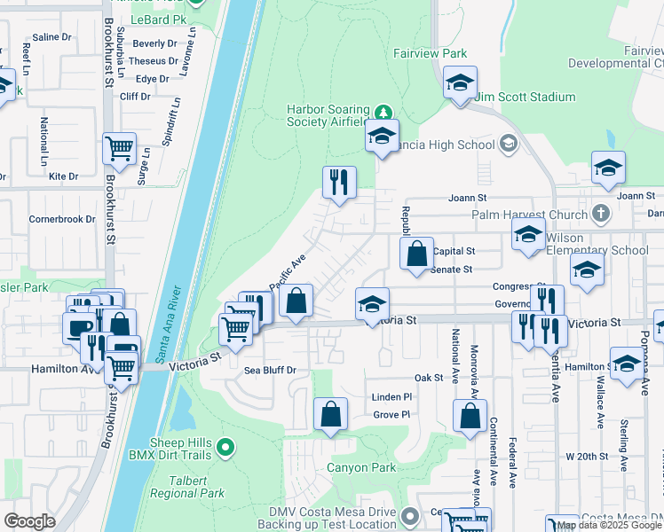 map of restaurants, bars, coffee shops, grocery stores, and more near 2195 Canyon Drive in Costa Mesa