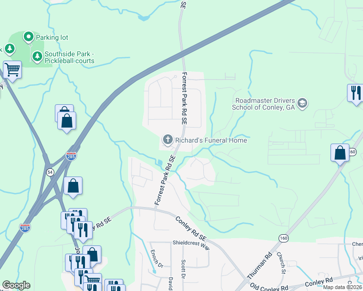 map of restaurants, bars, coffee shops, grocery stores, and more near 3502 Oakshire Way Southeast in Atlanta