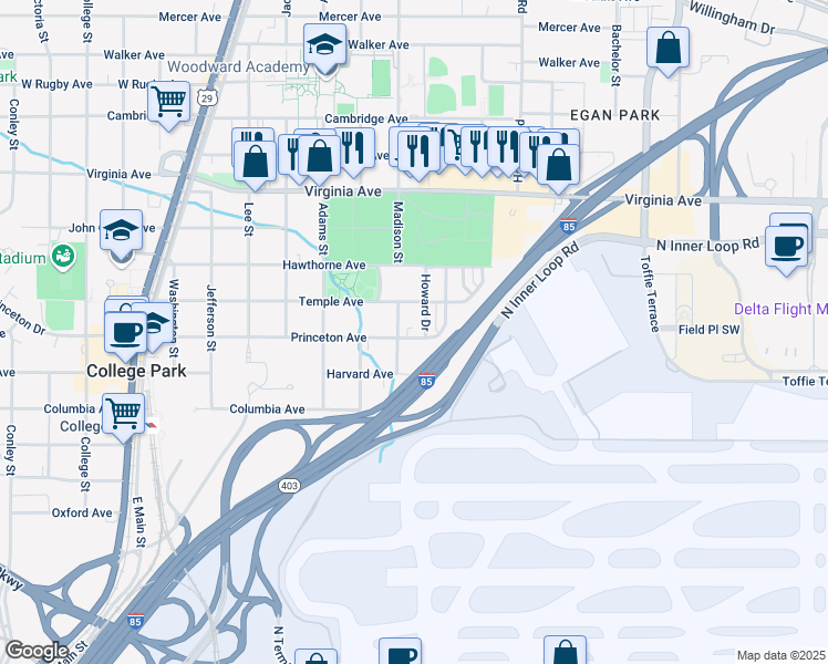 map of restaurants, bars, coffee shops, grocery stores, and more near 1527 Princeton Avenue in College Park