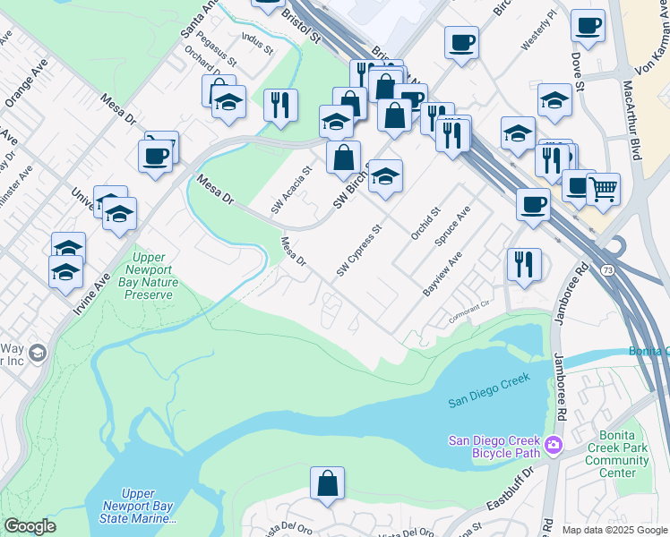 map of restaurants, bars, coffee shops, grocery stores, and more near 20431 Southwest Cypress Street in Newport Beach