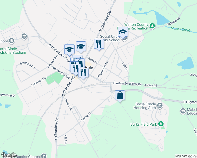 map of restaurants, bars, coffee shops, grocery stores, and more near 445 Willow Springs Lane in Social Circle