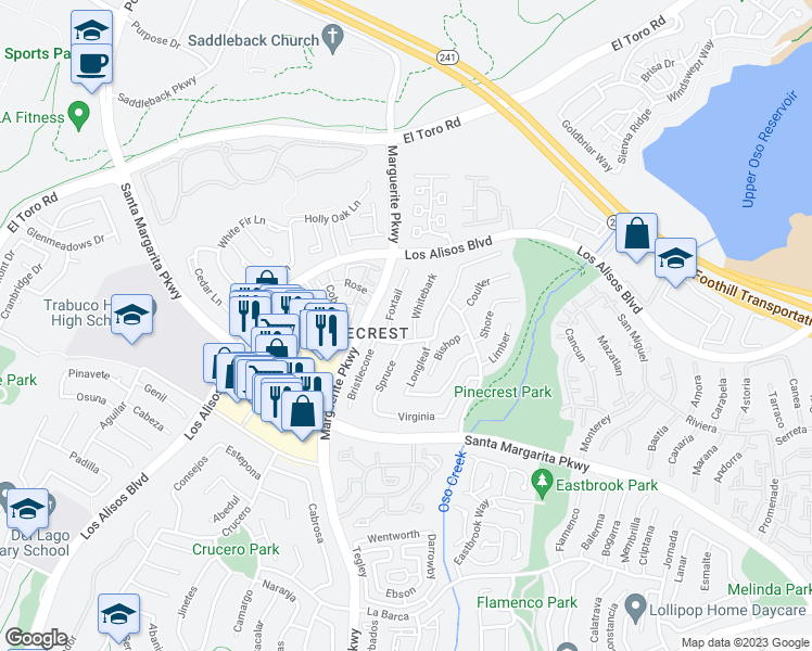 map of restaurants, bars, coffee shops, grocery stores, and more near 21195 Whitebark in Mission Viejo