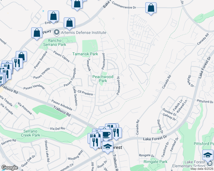 map of restaurants, bars, coffee shops, grocery stores, and more near 21212 Jasmines Way in Lake Forest