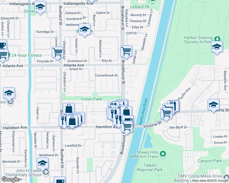 map of restaurants, bars, coffee shops, grocery stores, and more near 21212 Binghampton Circle in Huntington Beach