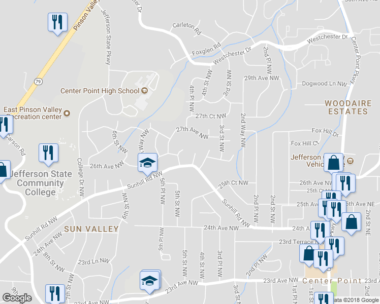 map of restaurants, bars, coffee shops, grocery stores, and more near 2516 4th Way Northwest in Center Point