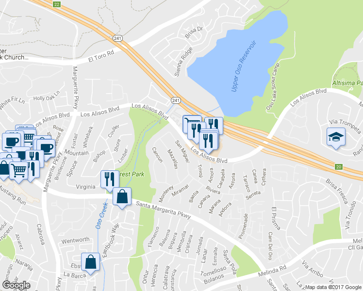 map of restaurants, bars, coffee shops, grocery stores, and more near 21182 San Miguel in Mission Viejo