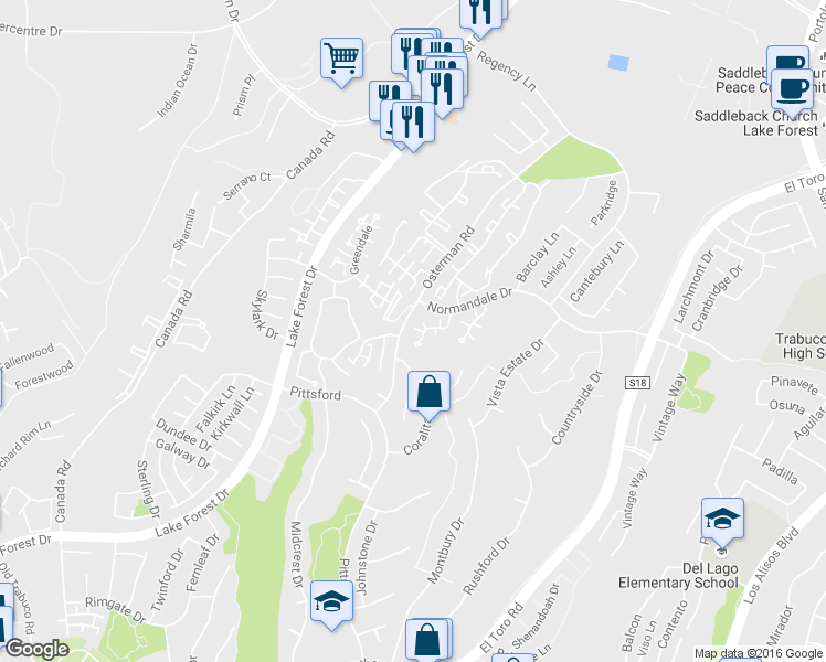 map of restaurants, bars, coffee shops, grocery stores, and more near 26481 Olivewood in Lake Forest