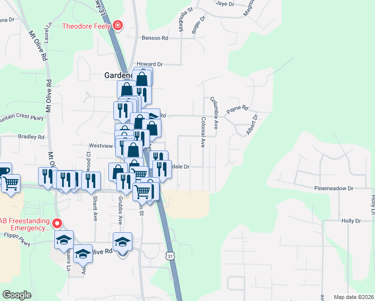 map of restaurants, bars, coffee shops, grocery stores, and more near 1109 Kimberly Avenue in Gardendale
