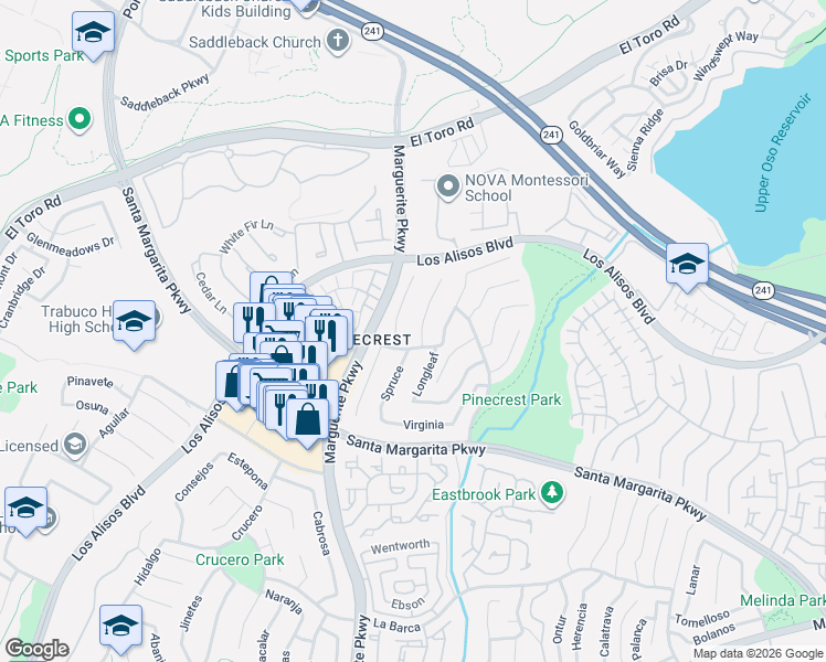 map of restaurants, bars, coffee shops, grocery stores, and more near 21195 Whitebark in Mission Viejo