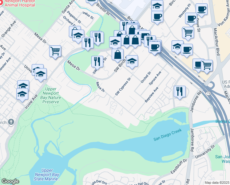 map of restaurants, bars, coffee shops, grocery stores, and more near 20431 Southwest Cypress Street in Newport Beach