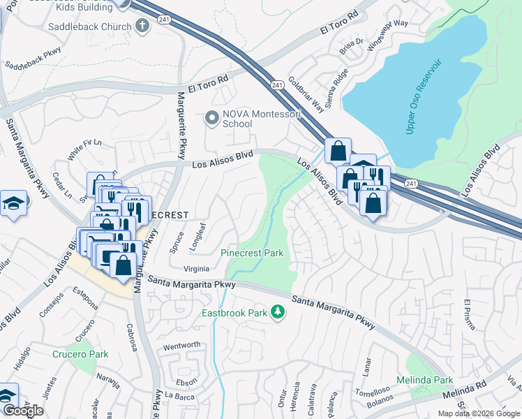 map of restaurants, bars, coffee shops, grocery stores, and more near 21251 Limber in Mission Viejo