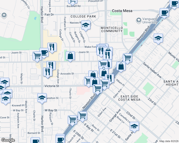 map of restaurants, bars, coffee shops, grocery stores, and more near 2211 Avalon Street in Costa Mesa