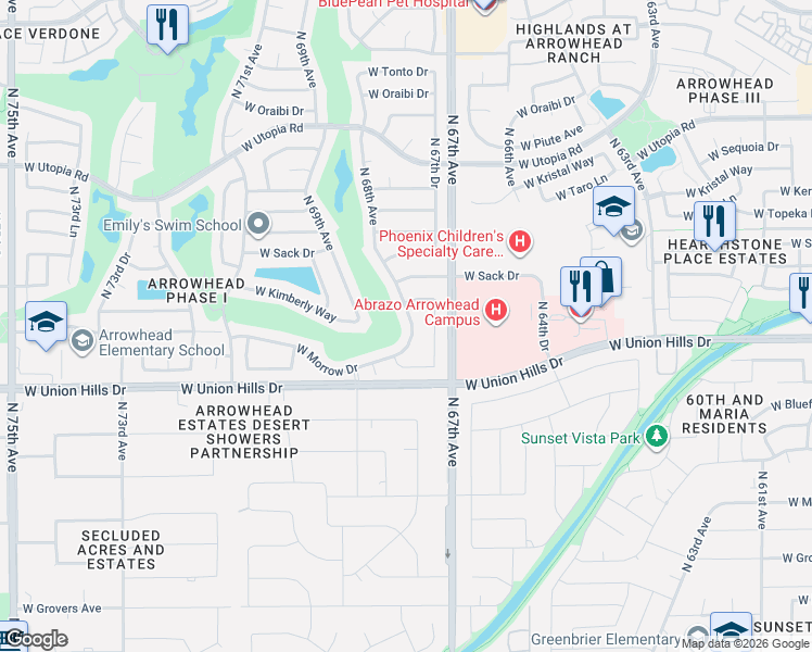 map of restaurants, bars, coffee shops, grocery stores, and more near 6723 West Kimberly Way in Glendale