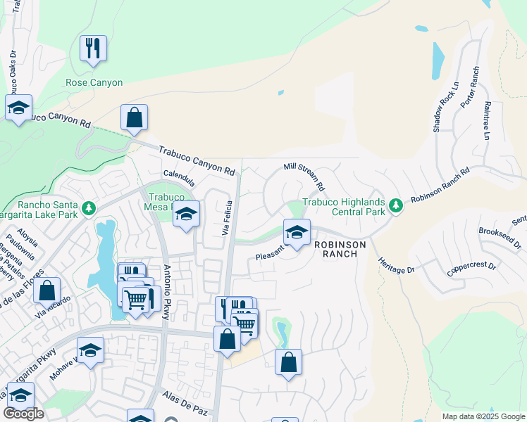 map of restaurants, bars, coffee shops, grocery stores, and more near 31906 Wagon Wheel Lane in Trabuco Canyon