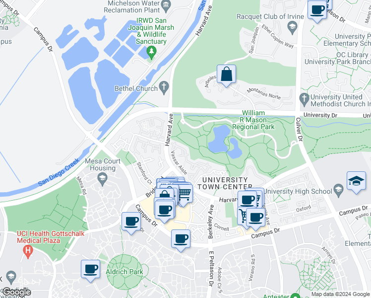 map of restaurants, bars, coffee shops, grocery stores, and more near 75 Lehigh Aisle in Irvine