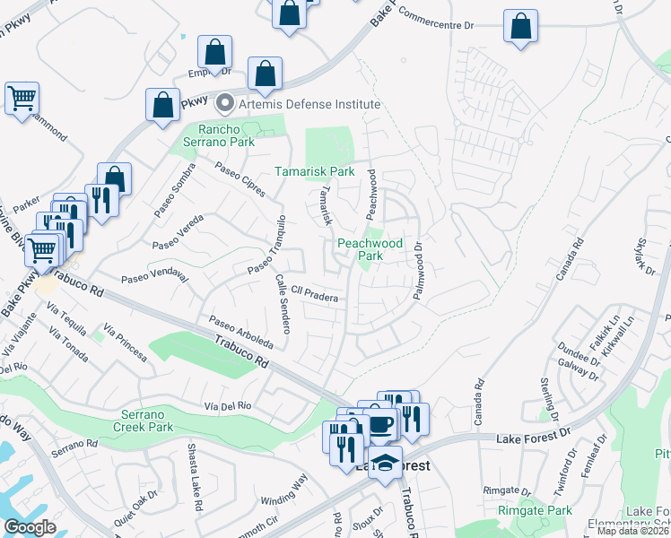 map of restaurants, bars, coffee shops, grocery stores, and more near 25271 Baja Mar in Lake Forest