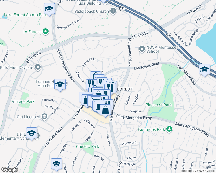 map of restaurants, bars, coffee shops, grocery stores, and more near 27825 Hazel in Mission Viejo
