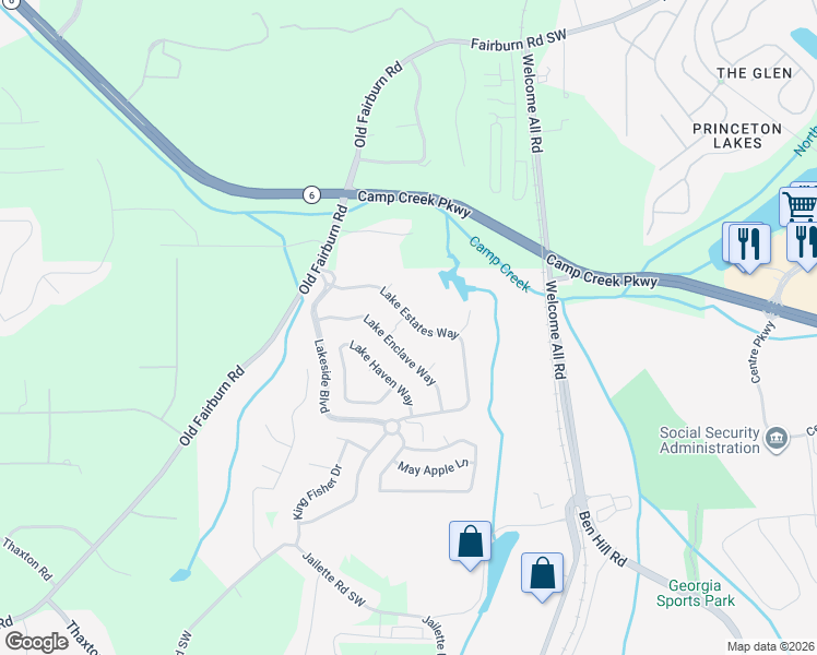 map of restaurants, bars, coffee shops, grocery stores, and more near 3622 Lake Estates Way in Atlanta