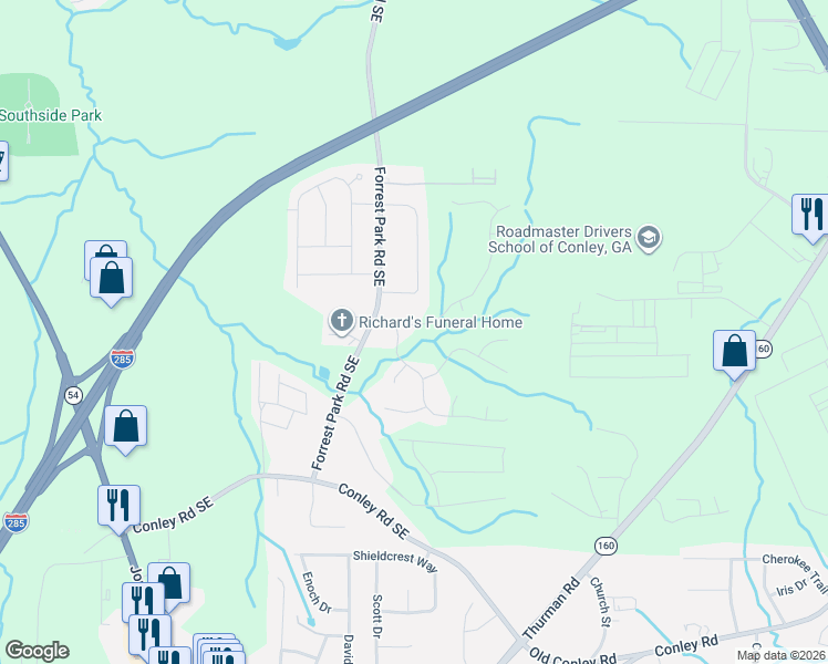map of restaurants, bars, coffee shops, grocery stores, and more near 3525 Oakshire Way Southeast in Atlanta
