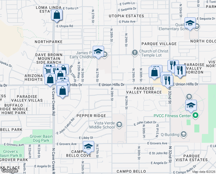 map of restaurants, bars, coffee shops, grocery stores, and more near 2740 East Union Hills Drive in Phoenix